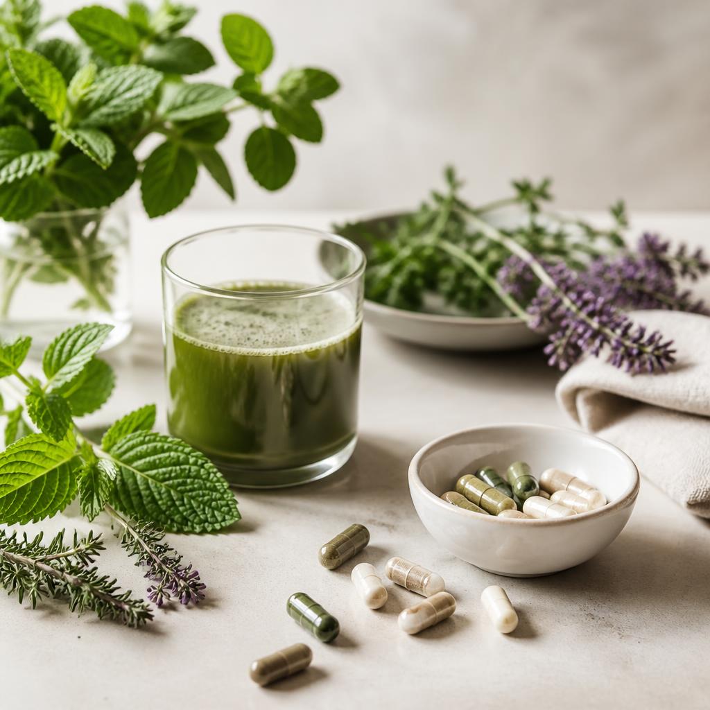 Wellness products and green juice with fresh herbs